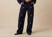 Gold Heart Embroidered Wide-Leg Pants