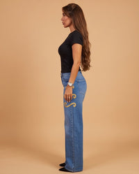 Gold Scroll Side-Detail Wide-Leg Jeans