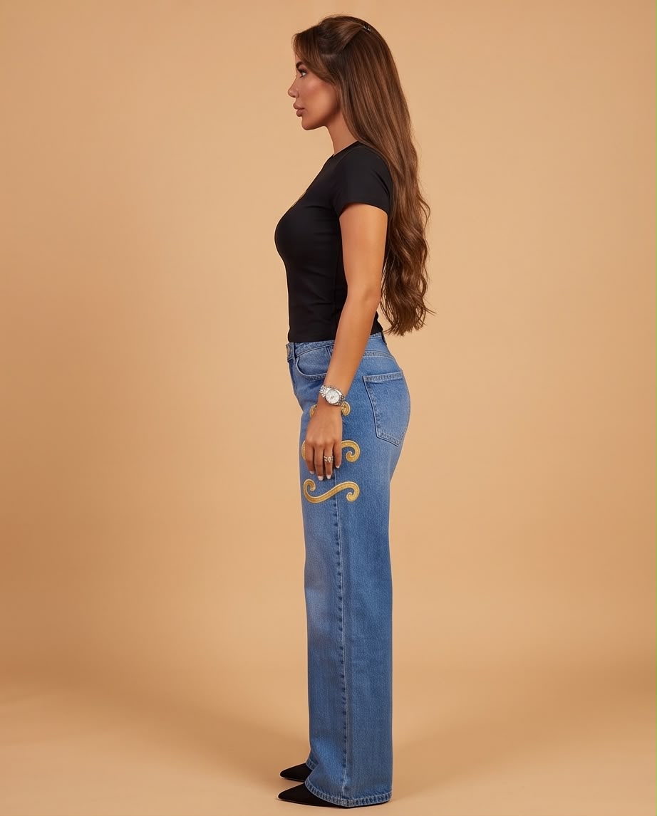 Gold Scroll Side-Detail Wide-Leg Jeans
