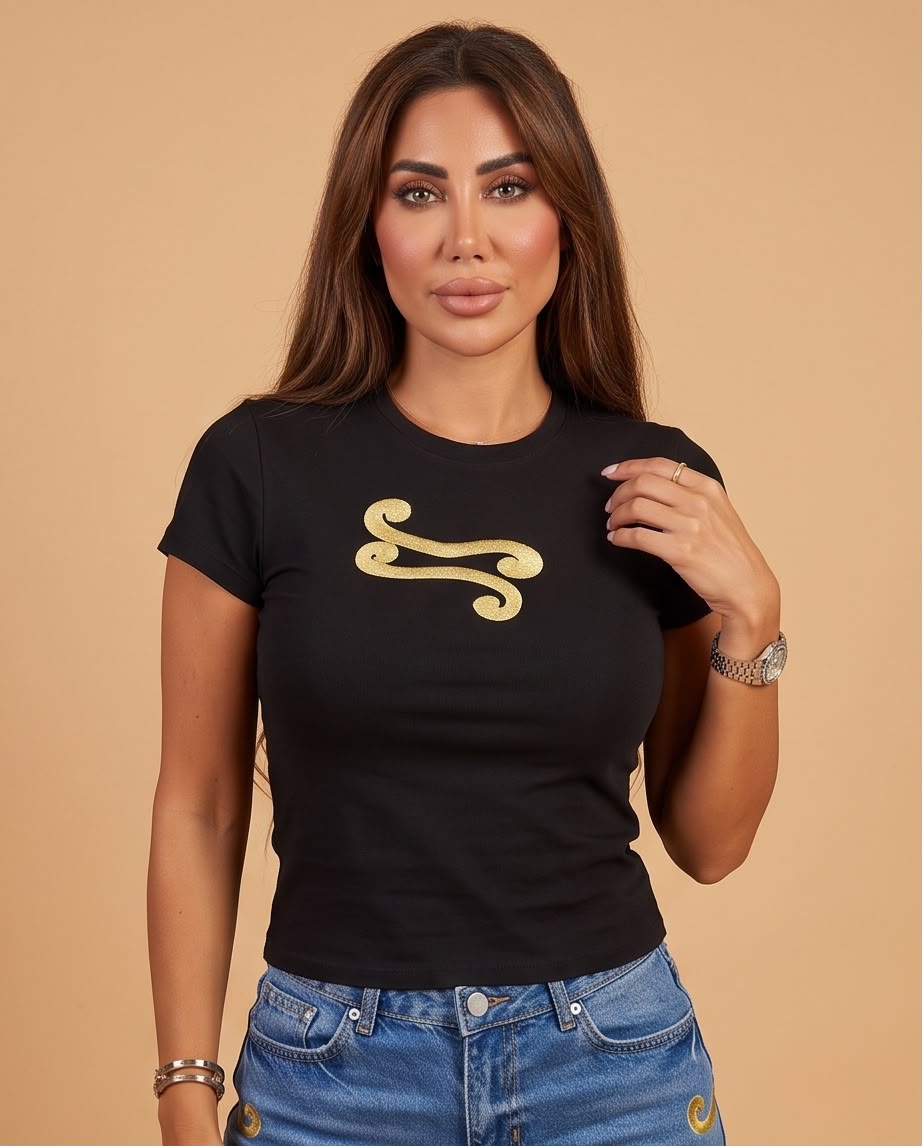 Gold Scroll Fitted Black Tee