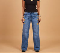 Gold Scroll Side-Detail Wide-Leg Jeans