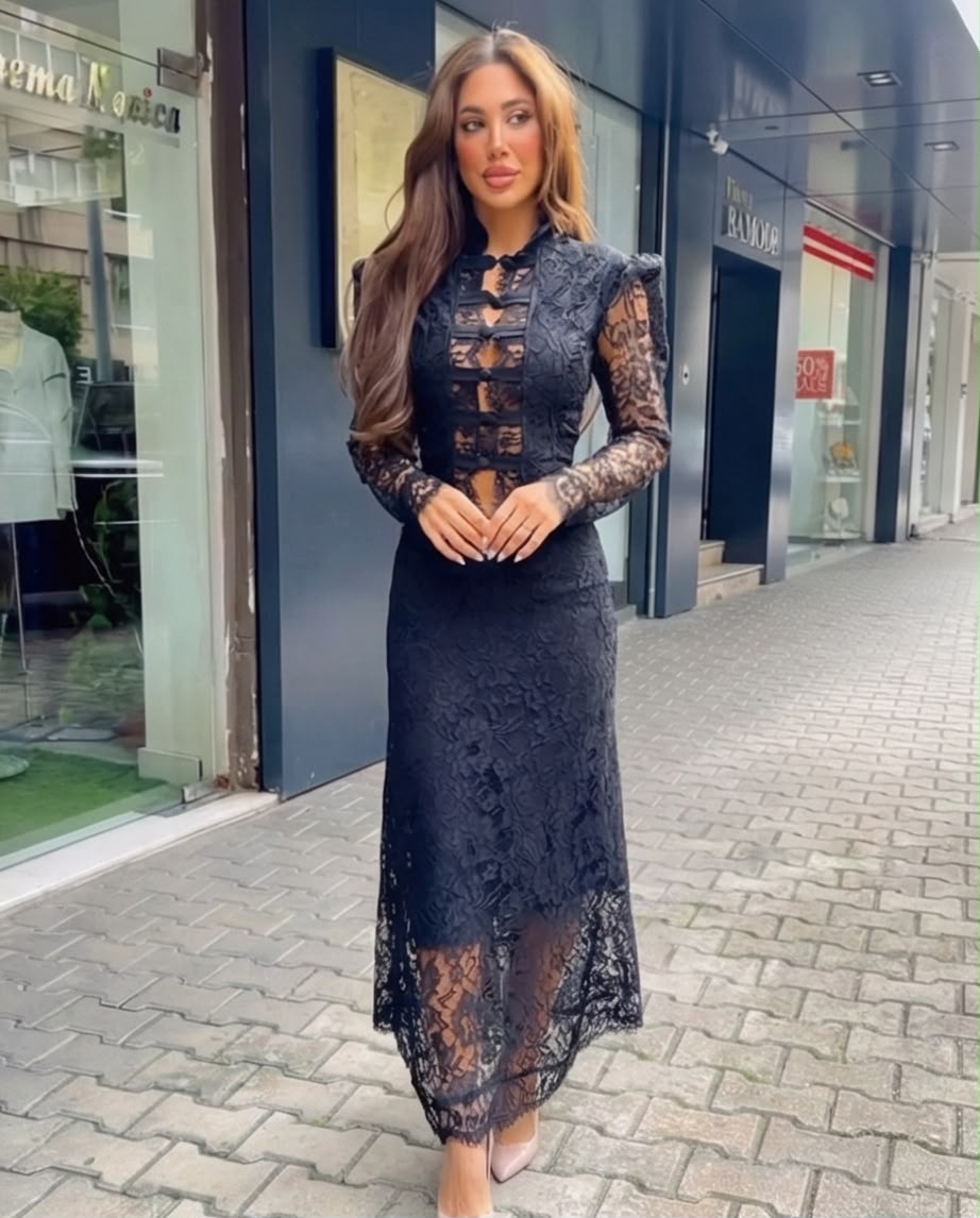 High-Neck Lace Cut-Out Maxi Dress