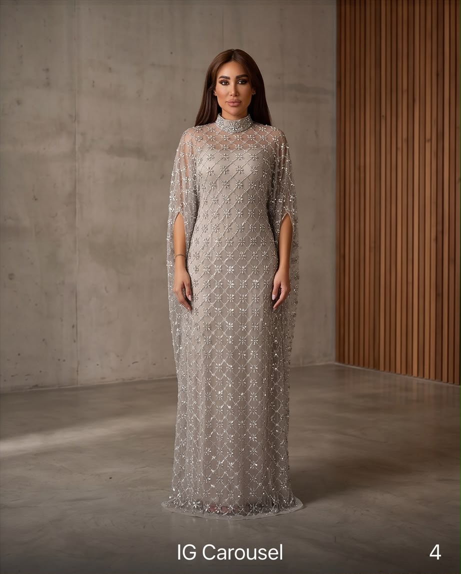 Crystal Embellished Cape Evening Gown