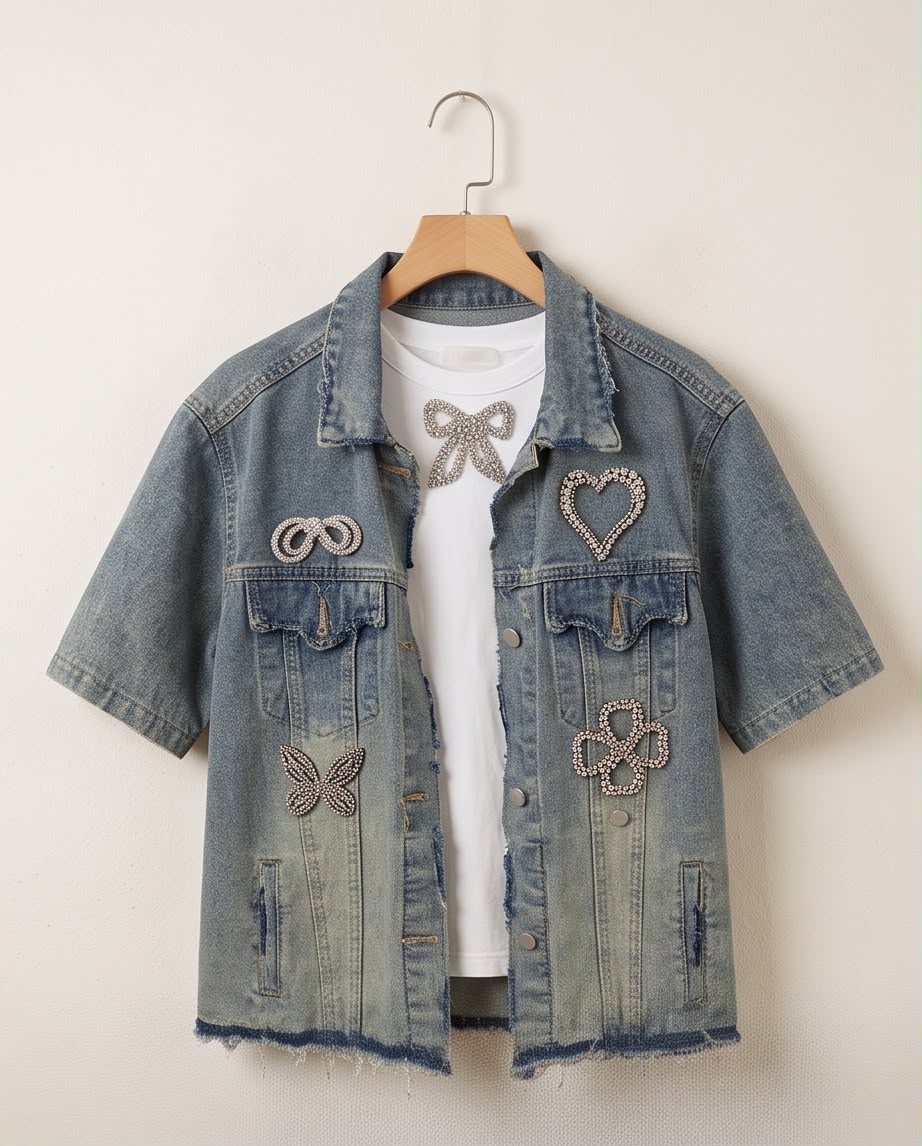 Crystal Patch Short Sleeve Denim Jacket