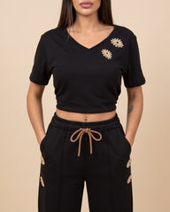 Pearl Accent V-Neck Crop Top
