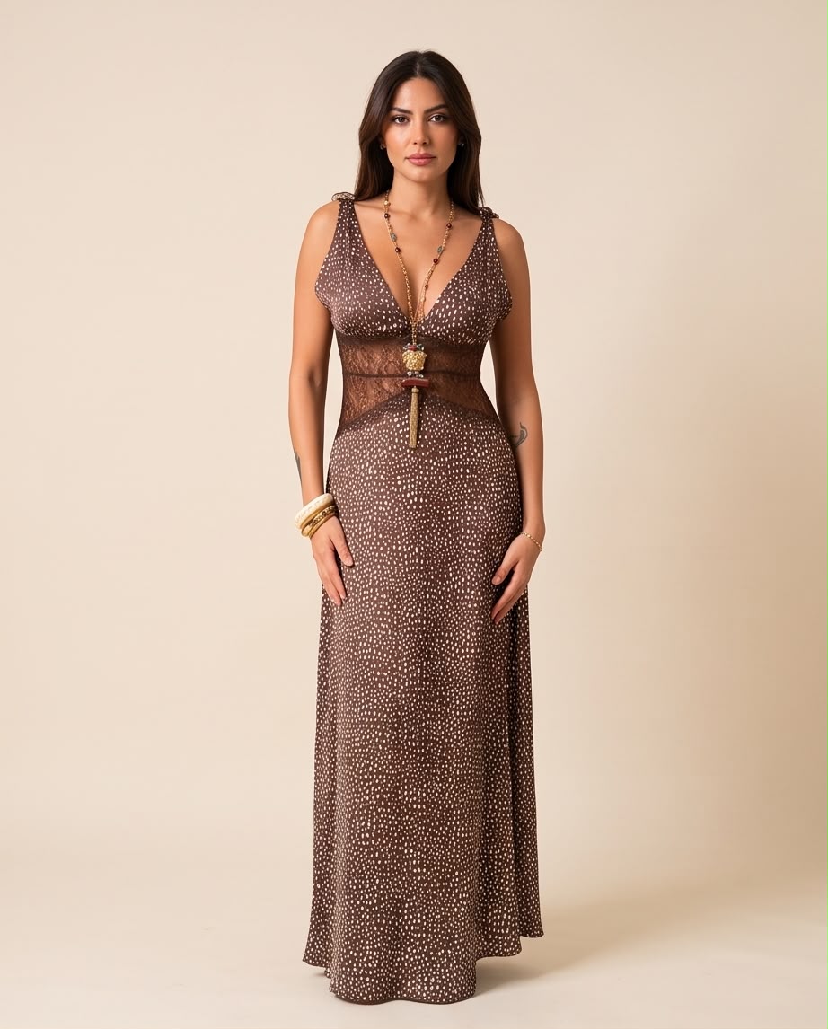 Lace Midriff Polka Dot Maxi Dress